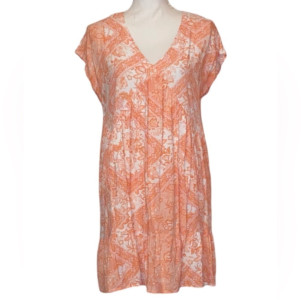 MITTOSHOP Midi Dress Cap Sleeves Orange and White Floral Pattern Size Small
